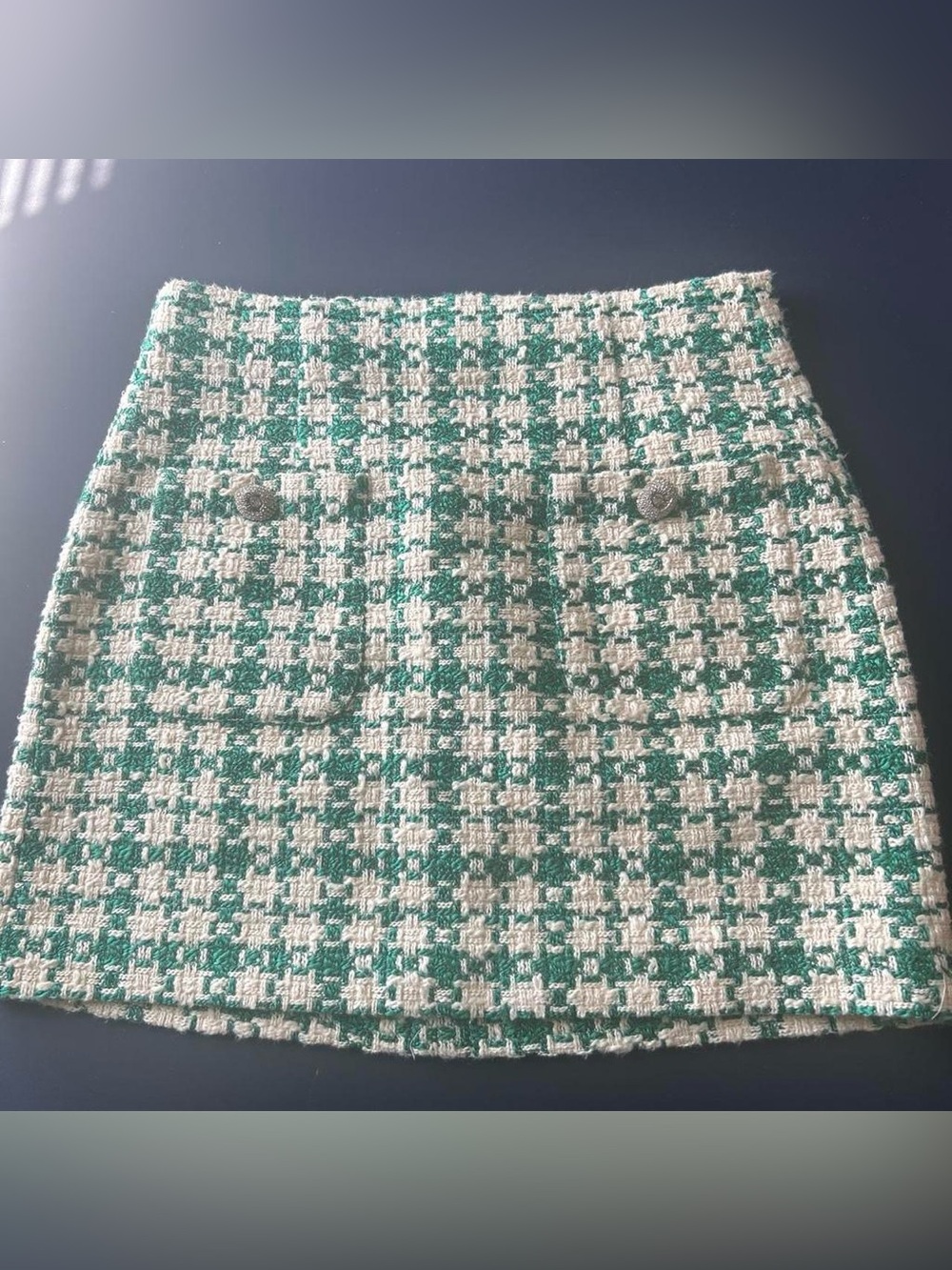 Zara Green and Cream Tweed Button-Front Mini Skirt